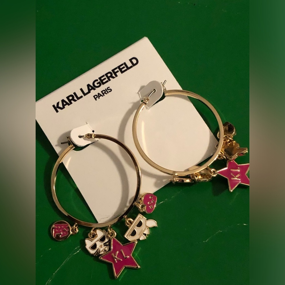 Karl Lagerfeld gold plated pink monogram charm‎ hoop circle earrings new